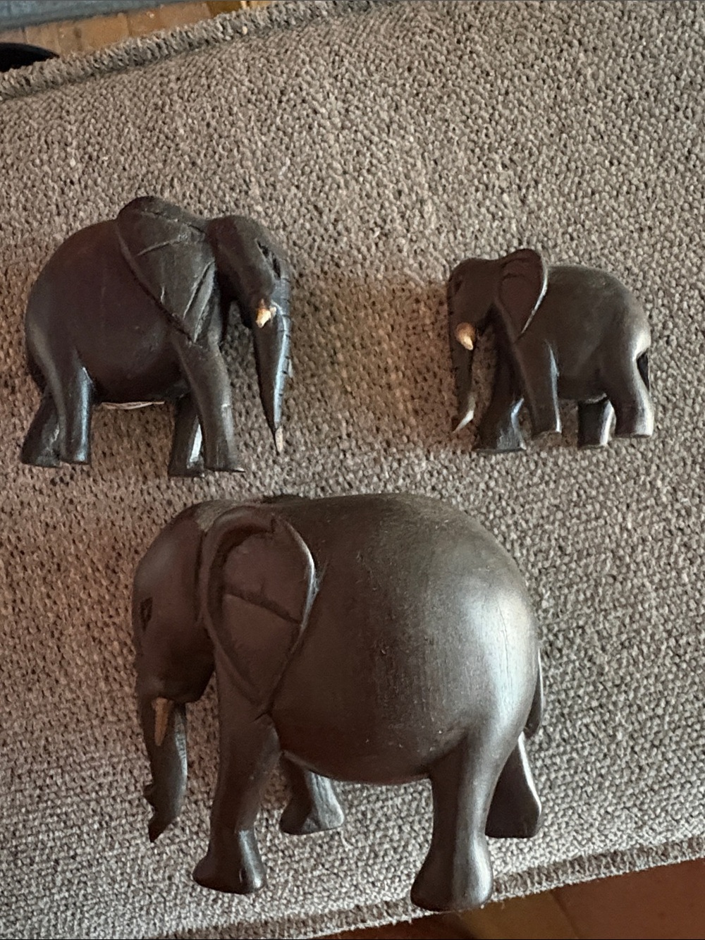 Vintage Ebony Hand Carved Elephant Figurines - Set of 3